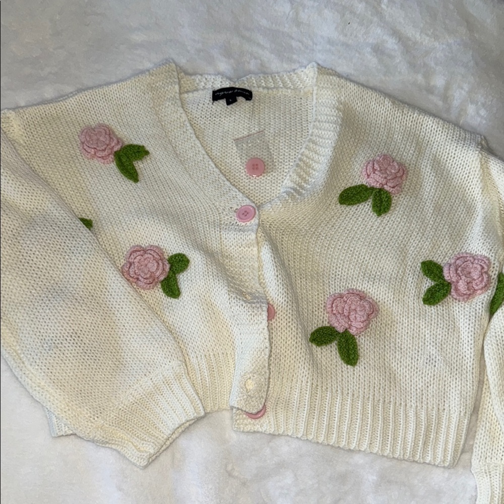 Women's Cream Floral Cardigan Sweater - Picture 1 of 10